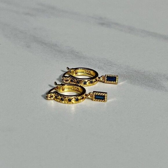 New! “Gisele” Dainty Navy Blue Drop Hoop Earrings - Picture 6 of 6